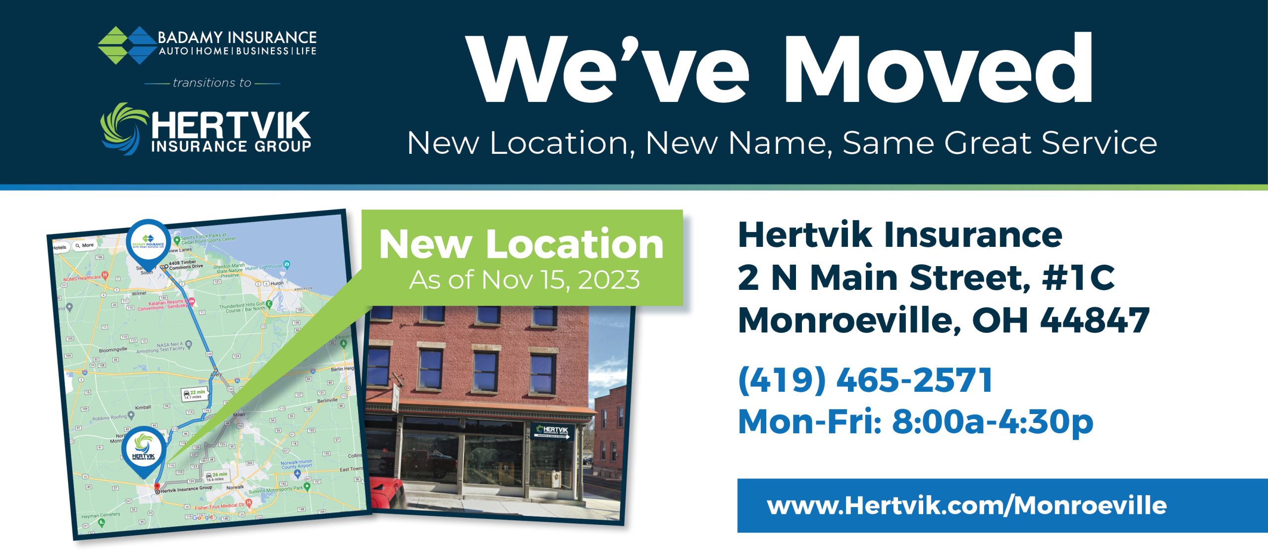 Badamy Insurance Transitions to Hertvik Insurance. Badamy Insurance Office Moves from Sandusky to Monroeville Ohio