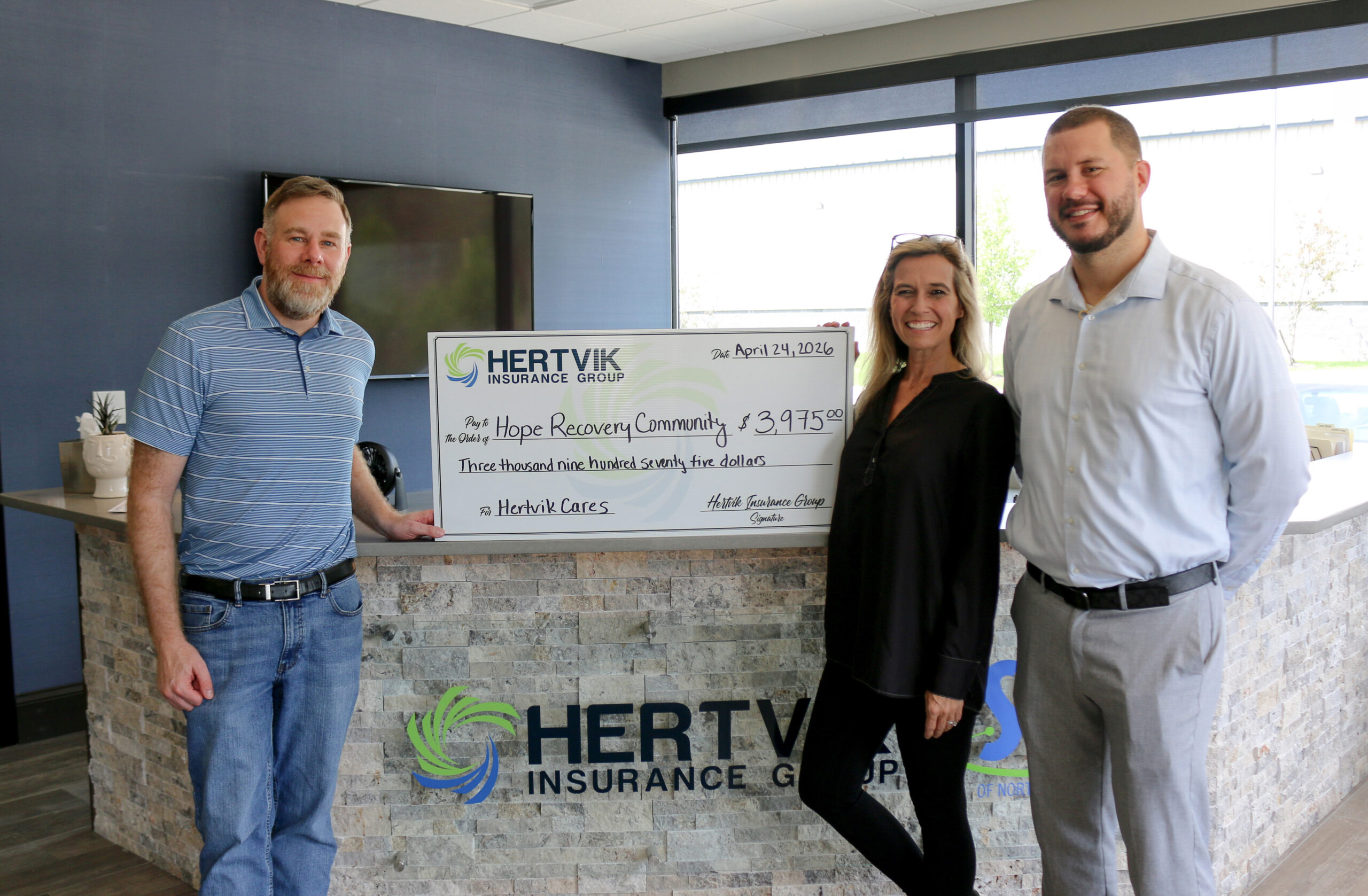 Hertvik Insurance Group Lends a Hand to Hope Recovery Community with a $3,975 Donation Hertvik Cares